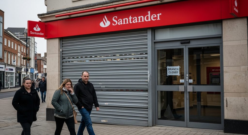 Closed Santander bank branch on a UK high street with shuttered doors and closure notice.