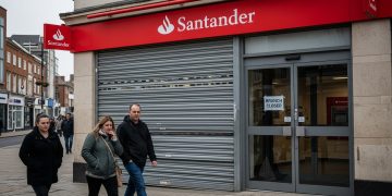 Closed Santander bank branch on a UK high street with shuttered doors and closure notice.