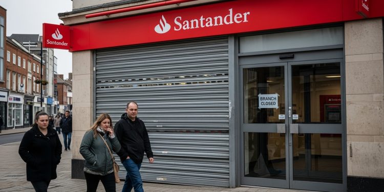 Closed Santander bank branch on a UK high street with shuttered doors and closure notice.