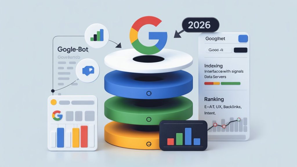 Illustration showing Google’s ranking system in 2026, including crawling, indexing, and ranking signals like E-E-A-T, UX, and backlinks.