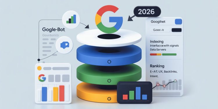 Illustration showing Google’s ranking system in 2026, including crawling, indexing, and ranking signals like E-E-A-T, UX, and backlinks.
