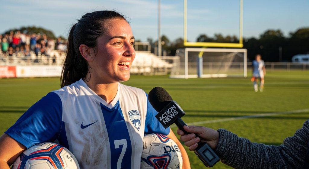 Local athlete being interviewed after a winning game.