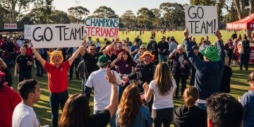 Local sports fans celebrating at a community sports event.