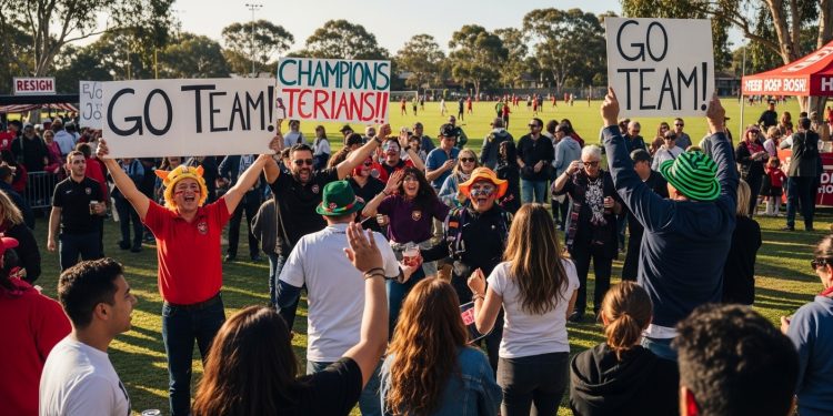 Local sports fans celebrating at a community sports event.
