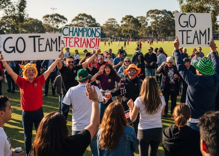 Local sports fans celebrating at a community sports event.